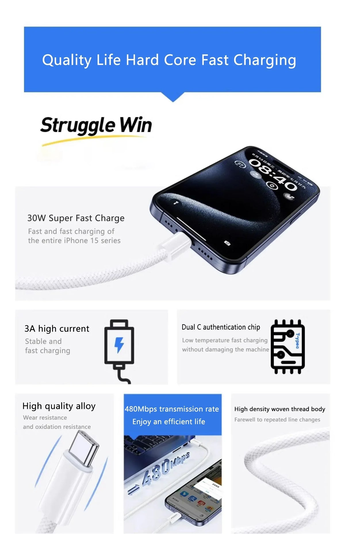 Original PD 60W USB C Fast Charger Cable For iPhone 15 Pro Max 15 Pro 15 Puls USB-C Weaving Charging Data Line Accessories